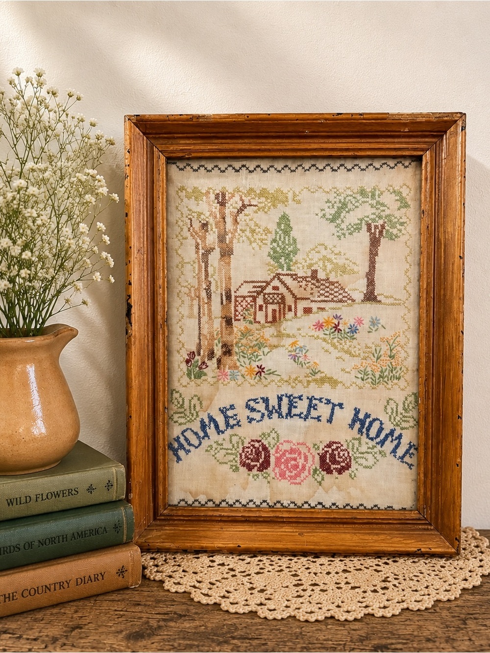 Vintage Framed “Home Sweet Home” Hand Cross Stitch Cottage Needlepoint Wall Art